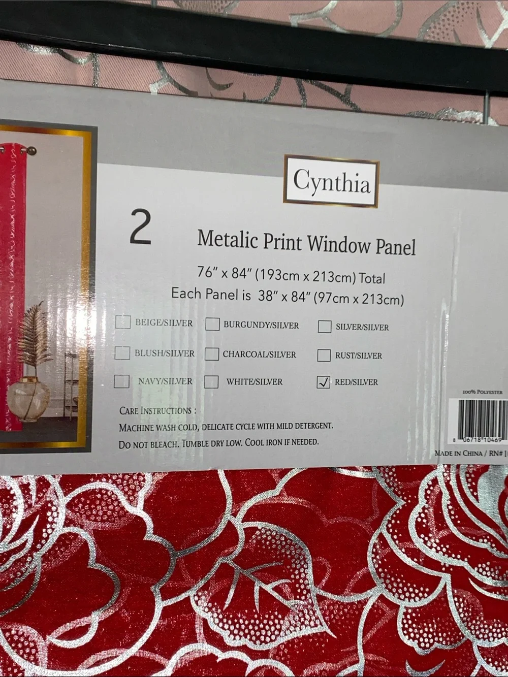 Cynthia 2-Piece Grommet Window Curtain Panel Pair Silver Floral Rose Red 76 X 84